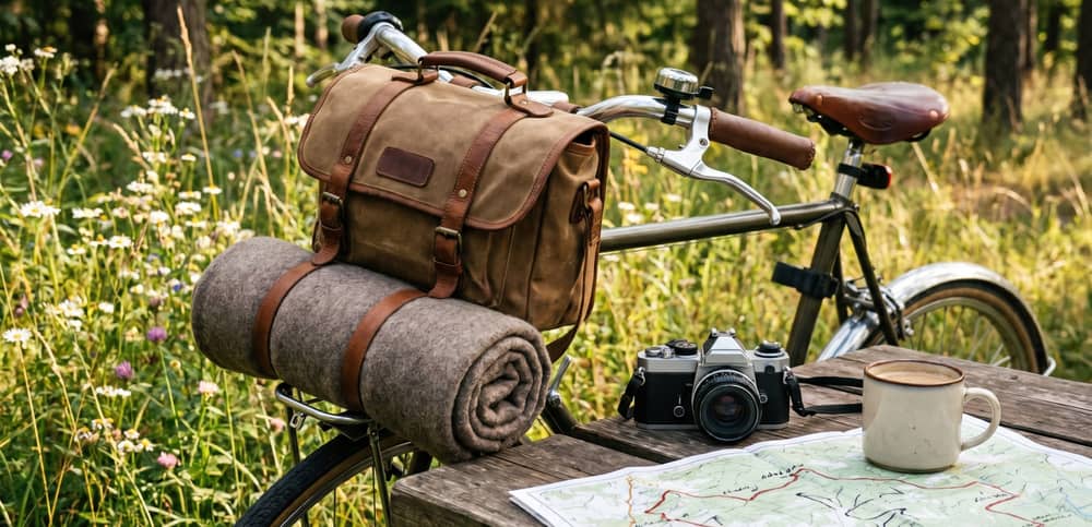 Fahrrad mit Gepäck lehnt an einem Tisch in der Natur, auf dem eine Kamera, eine Landkarte und eine Kaffeetasse liegen.