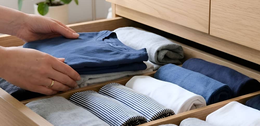 Organisierte Schublade mit ordentlich gefalteter Kleidung.