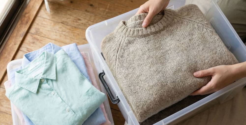 Person räumt Winterkleidung in Aufbewahrungsboxen, um Ordnung im Kleiderschrank zu schaffen.