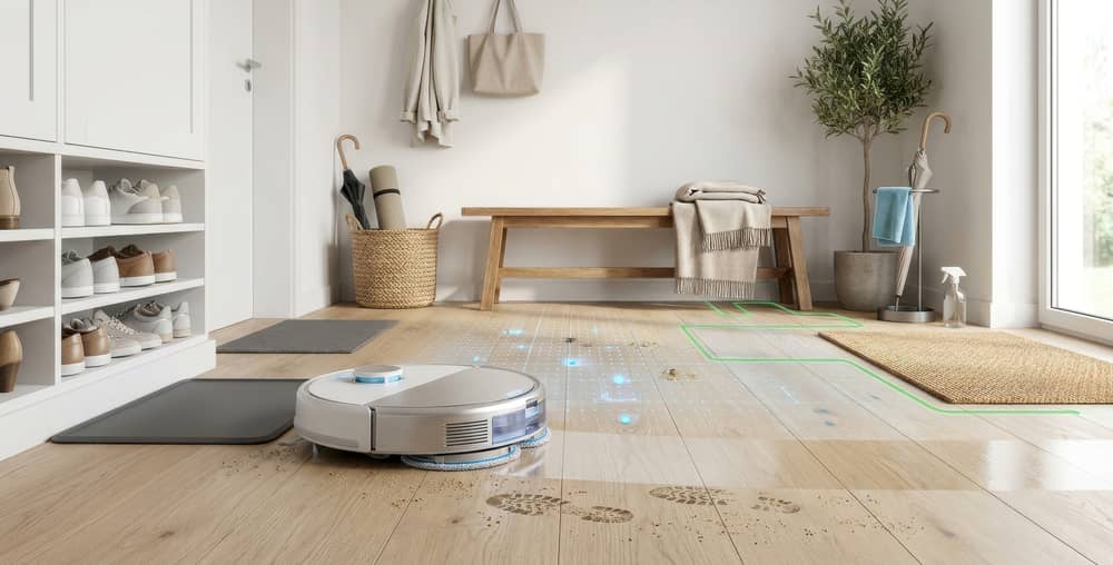 Wisch-Saug-Roboter reinigt Eingang in einem modernen Zuhause.