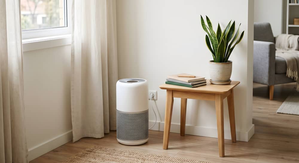 Luftreiniger in Wohnung beseitigt Pollenbelastung im Raum, um Allergiesymptome zu lindern.