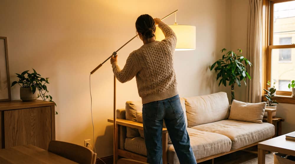Eine Frau stellt eine Stehlampe richtig ein für schönes Licht.