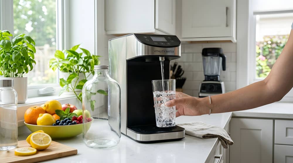 Eine Frau füllt ein Glas mit Sprudelwasser aus einer Sprudelmaschine auf.