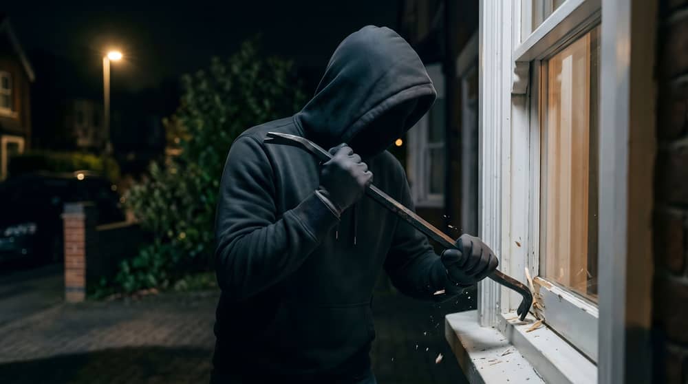 Maskierter Einbrecher öffnet ein Fenster mit einer Eisenstange, um in ein Haus einzubrechen.