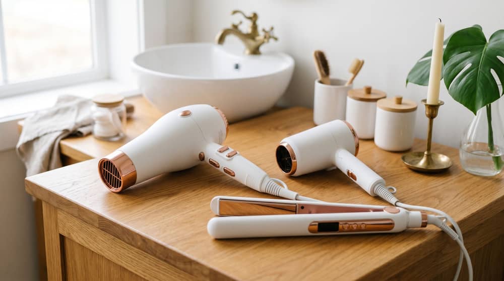 Verschiedene Beauty-Tools liegen auf dem Badschrank.