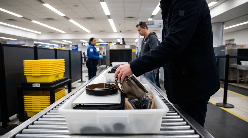 Person platziert persönliche Gegenstände in Schale am Security-Check am Flughafen