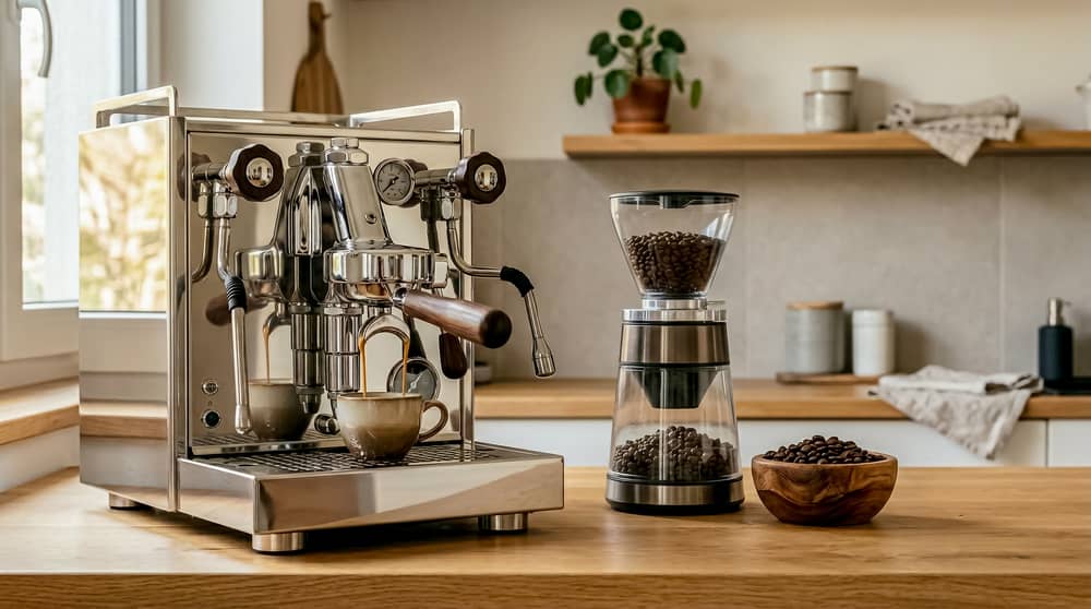 Eine Siebträger-Kaffeemaschine in einer Küche.