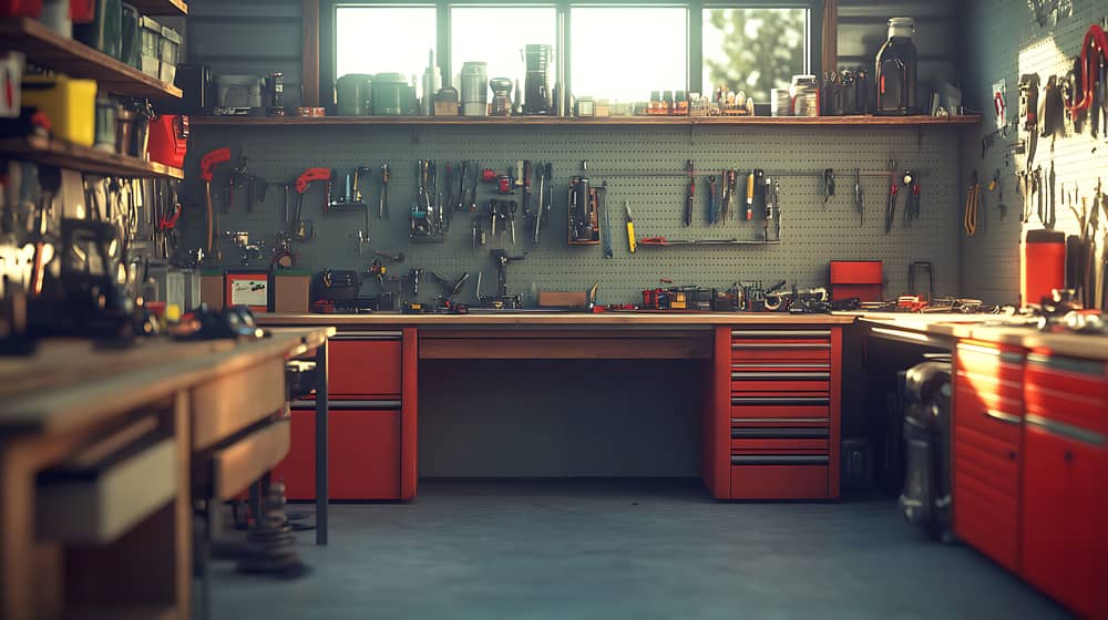Eine Garage mit viel Werkzeug.