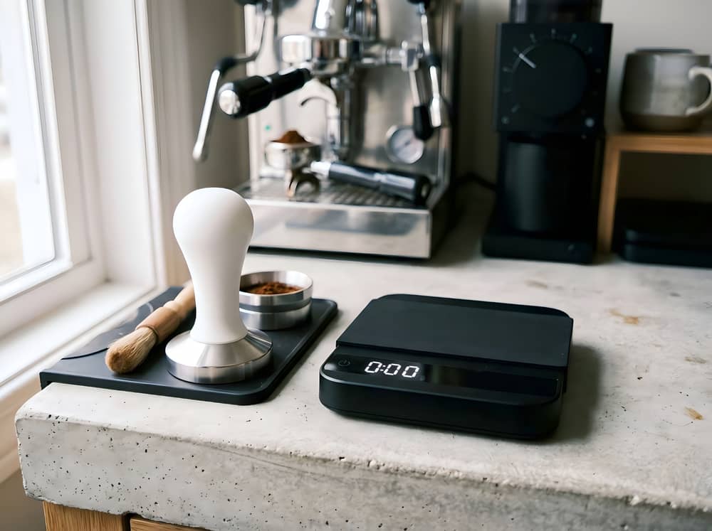 Eine Kaffee-Waage und ein Tamper