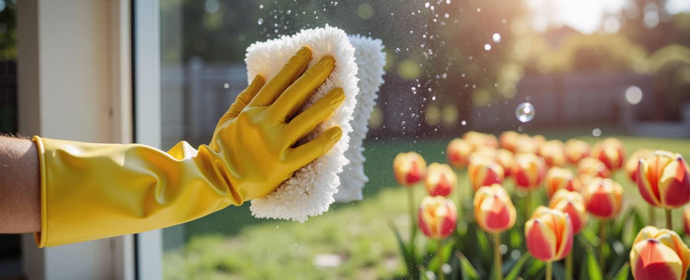 Hand in gelbem Handschuh reinigt Fenster mit Blick auf Tulpen im frühlingshaften Garten.