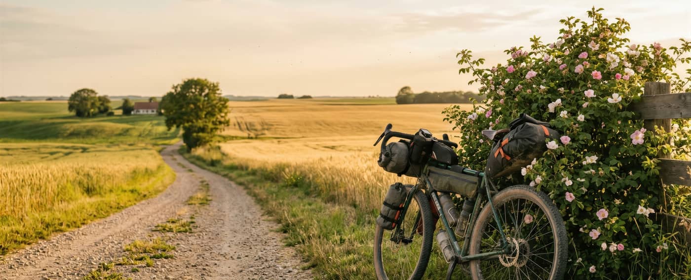 Fahrrad steht an einem Feldweg geparkt in einer sommerlichen Landschaft.
