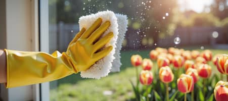 Hand in gelbem Handschuh reinigt Fenster mit Blick auf Tulpen im frühlingshaften Garten.