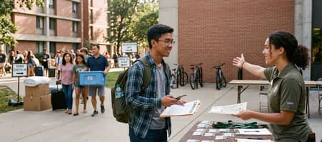 Eine Frau gibt einem jungen Studenten mit Rucksack Inforationen zum Studienstart auf dem Uni-Campus.